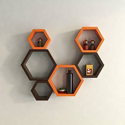 DECORASIA Hexagon Shape Wooden Wall Shelf  (Number of Shelves - 6, Brown, Orange)