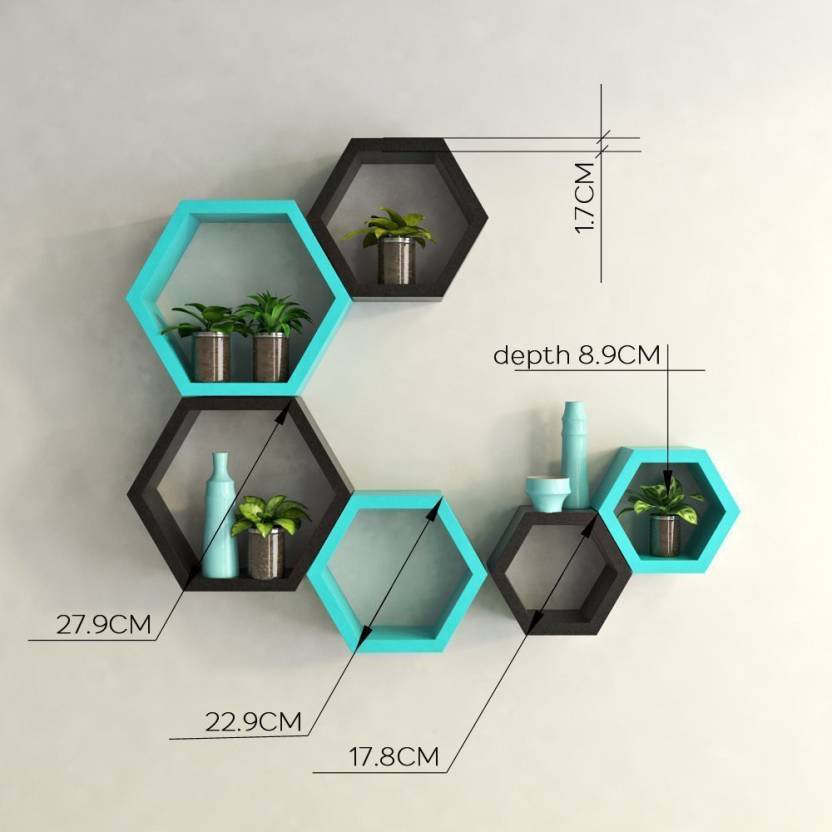 DECORASIA Hexagon Shape Wooden Wall Shelf  (Number of Shelves - 6) Black & Blue