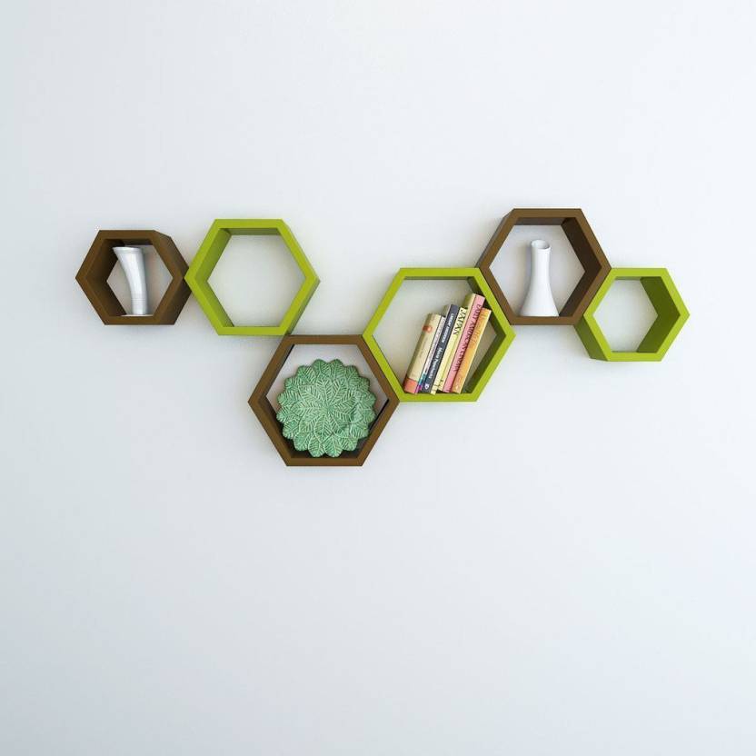 DECORASIA Hexagon Shape Wooden Wall Shelf  (Number of Shelves - 6) Brown & Green