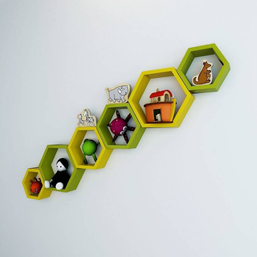 DECORASIA Hexagon Shape Wooden Wall Shelf  (Number of Shelves - 6) Green & Yellow