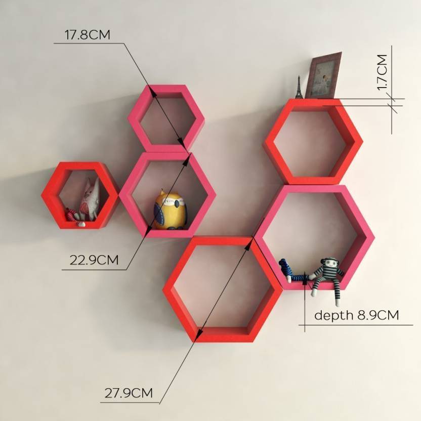 DECORASIA Hexagon Shape Wooden Wall Shelf  (Number of Shelves - 6) Pink & Red