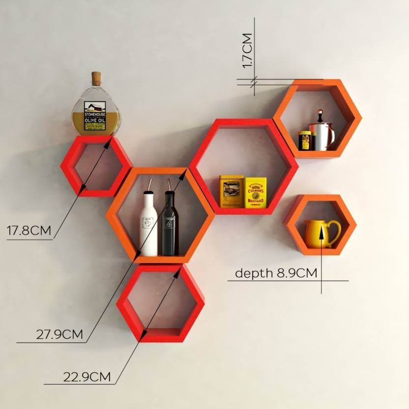 DECORASIA Hexagon Shape Wooden Wall Shelf  (Number of Shelves - 6) Red & Orange