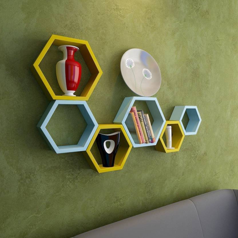 DECORASIA Hexagon Shape Wooden Wall Shelf  (Number of Shelves - 6) Yellow & Blue