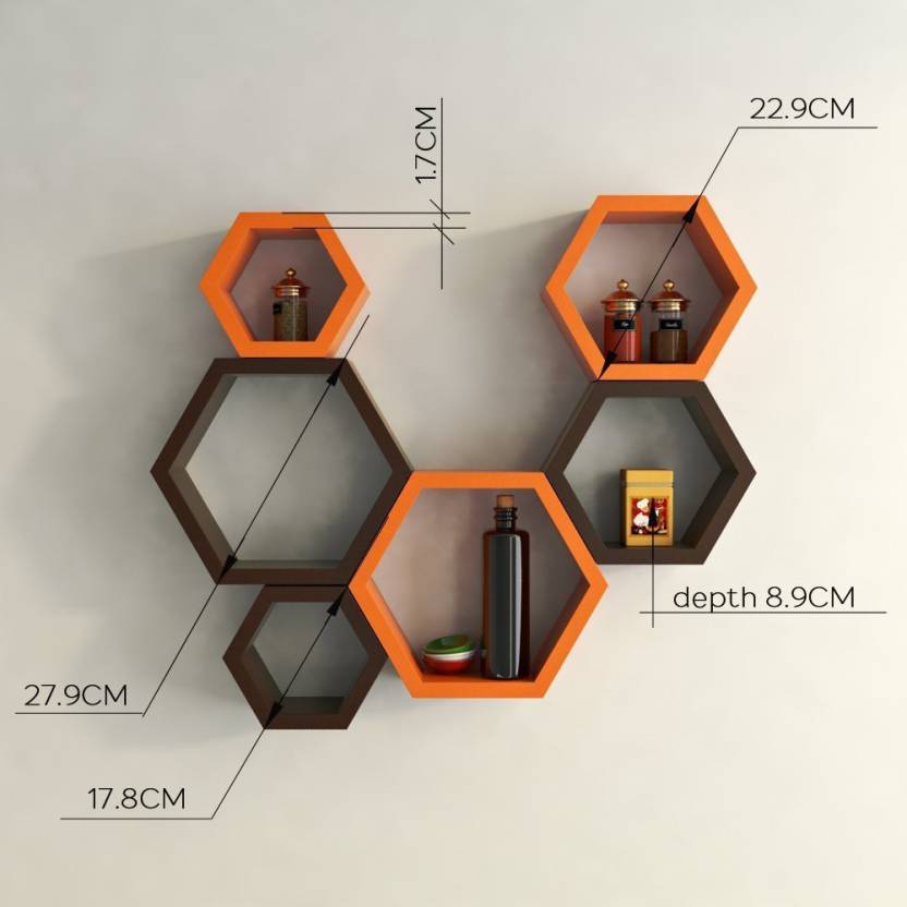 DECORASIA Hexagon Shape Wooden Wall Shelf  (Number of Shelves - 6) Black & Orange