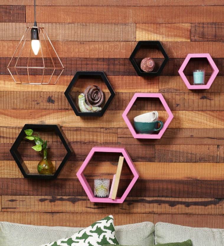 DECORASIA Hexagon Shape Wooden Wall Shelf  (Number of Shelves - 6) Black & Pink