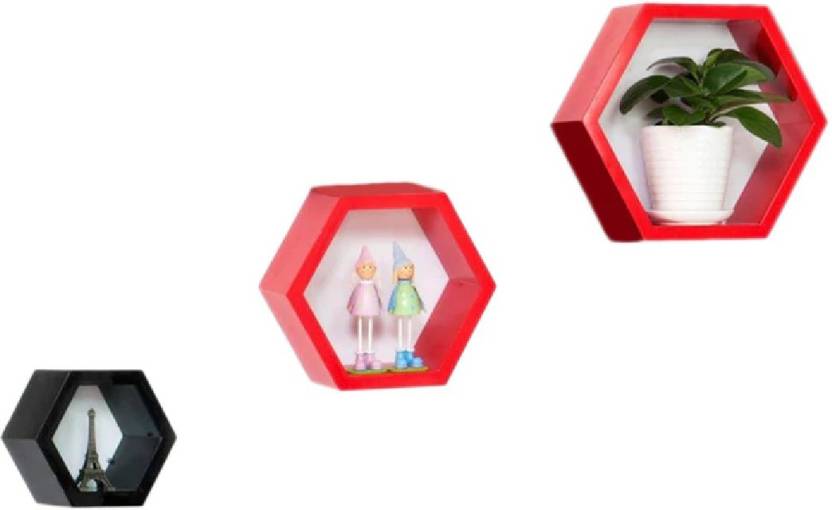 DECORASIA Hexagon Shape Wooden Wall Shelf  (Number of Shelves - 6) Black & Red