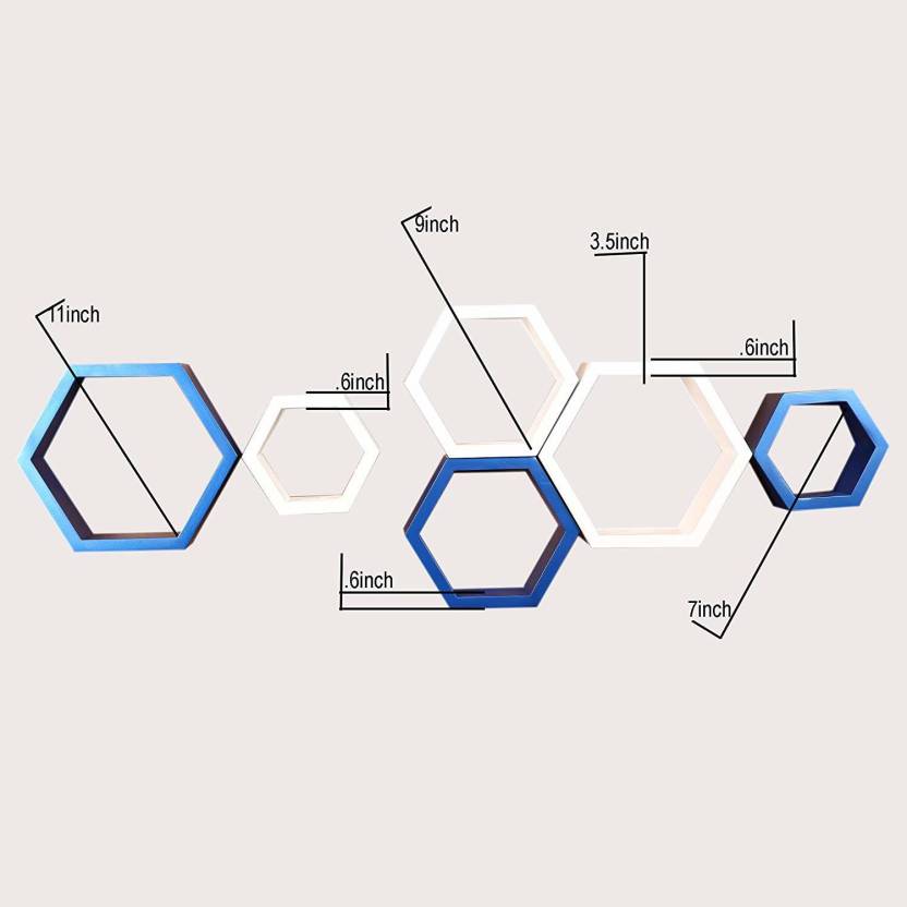 DECORASIA Hexagon Shape Wooden Wall Shelf  (Number of Shelves - 6) Blue & White