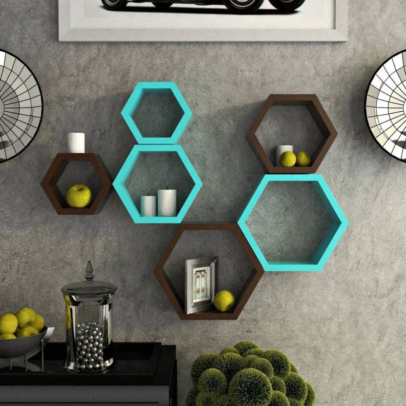 DECORASIA Hexagon Shape Wooden Wall Shelf  (Number of Shelves - 6) Brown & Blue