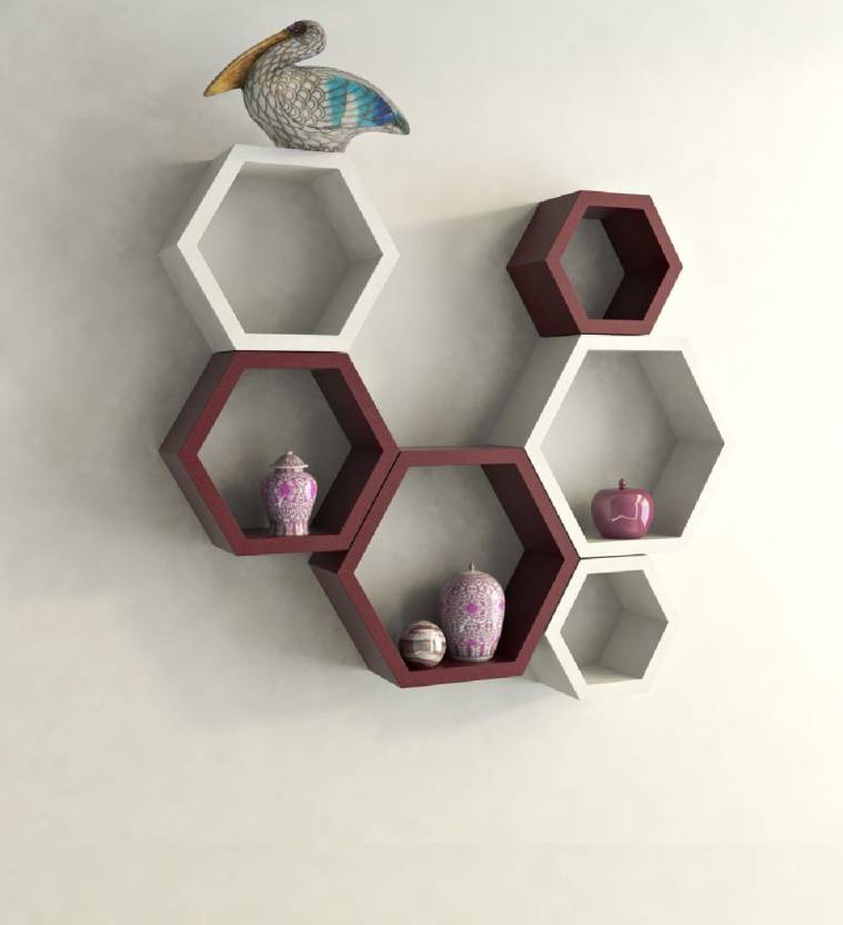 DECORASIA Hexagon Shape Wooden Wall Shelf  (Number of Shelves - 6) brown & White