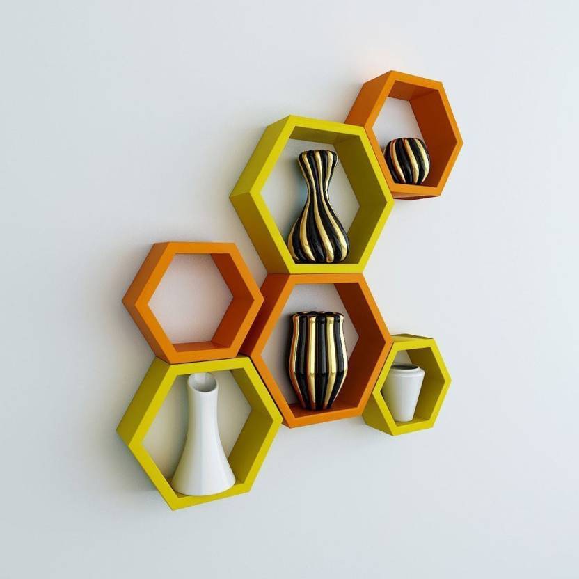 DECORASIA Hexagon Shape Wooden Wall Shelf  (Number of Shelves - 6) Orange & Green