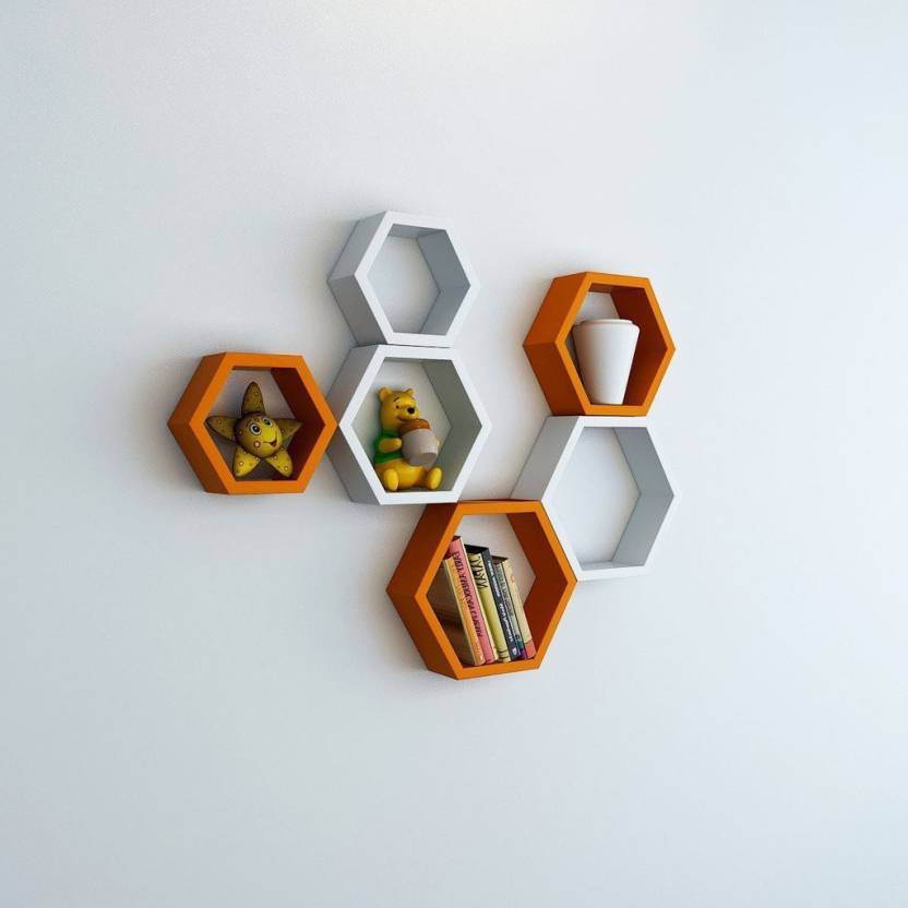 DECORASIA Hexagon Shape Wooden Wall Shelf  (Number of Shelves - 6) Orange & White