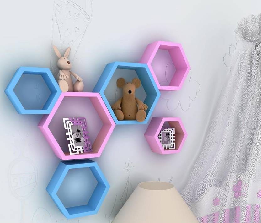 DECORASIA Hexagon Shape Wooden Wall Shelf  (Number of Shelves - 6) Pink & Blue