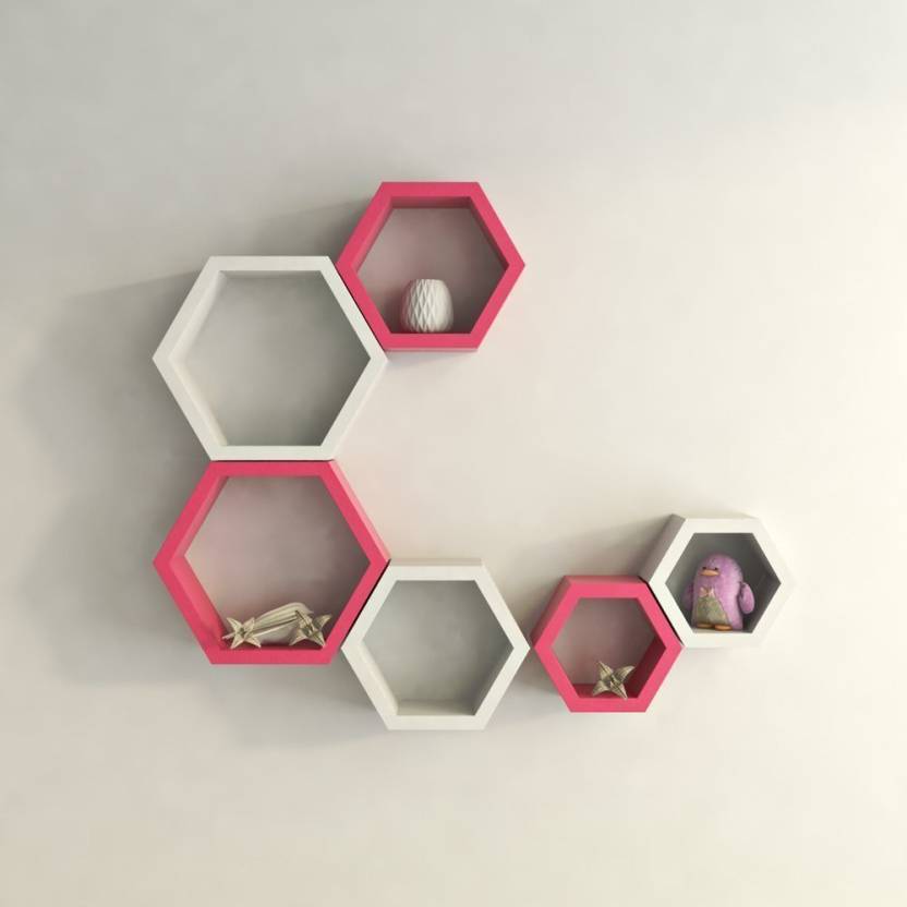 DECORASIA Hexagon Shape Wooden Wall Shelf  (Number of Shelves - 6) PinkWhite