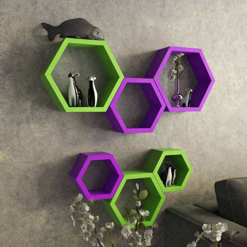 DECORASIA Hexagon Shape Wooden Wall Shelf  (Number of Shelves - 6) Purple Green