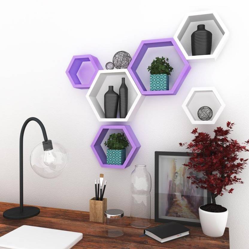 DECORASIA Hexagon Shape Wooden Wall Shelf  (Number of Shelves - 6) Purple White