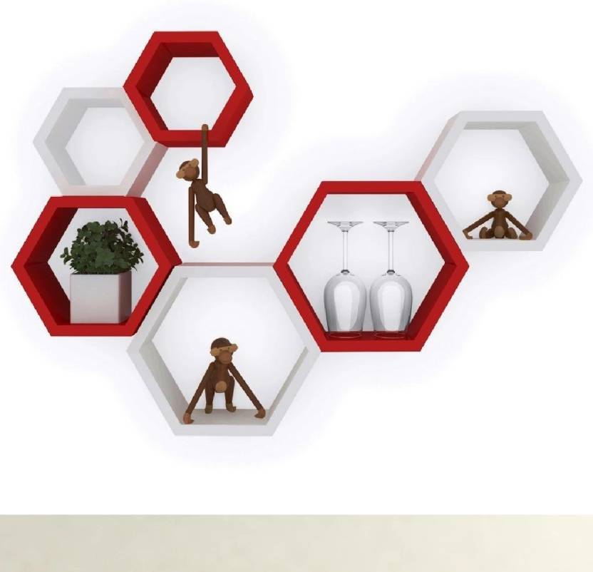 DECORASIA Hexagon Shape Wooden Wall Shelf  (Number of Shelves - 6) Red White