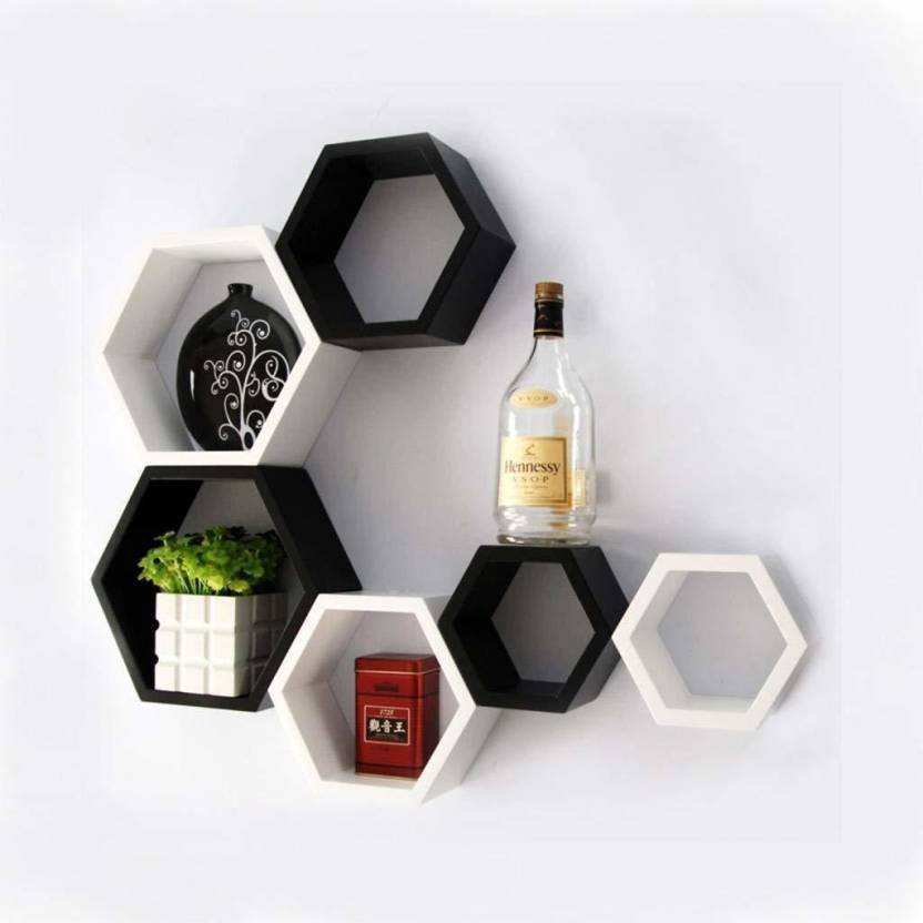 DECORASIA Hexagon Shape Wooden Wall Shelf  (Number of Shelves - 6) White Black