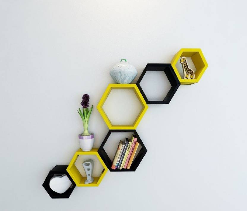 DECORASIA Hexagon Shape Wooden Wall Shelf  (Number of Shelves - 6) Yellow Black