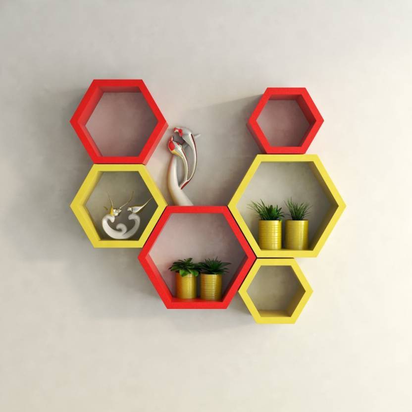 DECORASIA Hexagon Shape Wooden Wall Shelf  (Number of Shelves - 6) Yellow Red