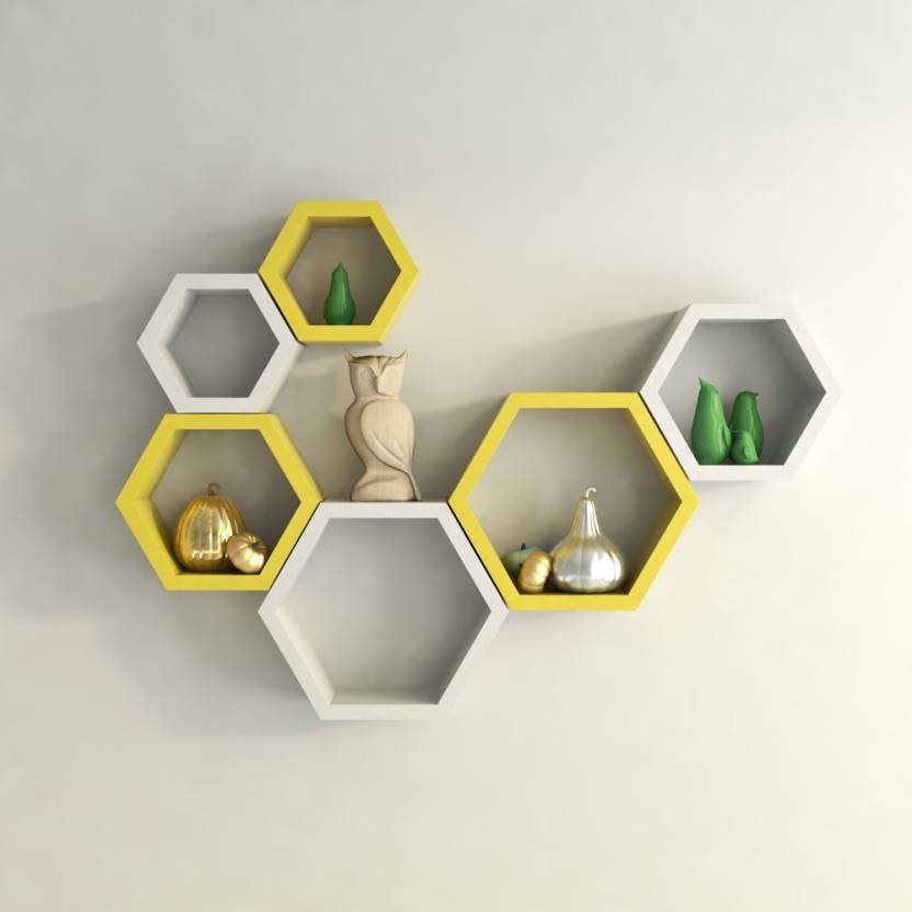 DECORASIA Hexagon Shape Wooden Wall Shelf  (Number of Shelves - 6) Yellow White