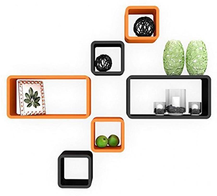 DECORASIA  Cube Shape MDF (Medium Density Fiber) Wall Shelf  (Number of Shelves - 6) Black Orange