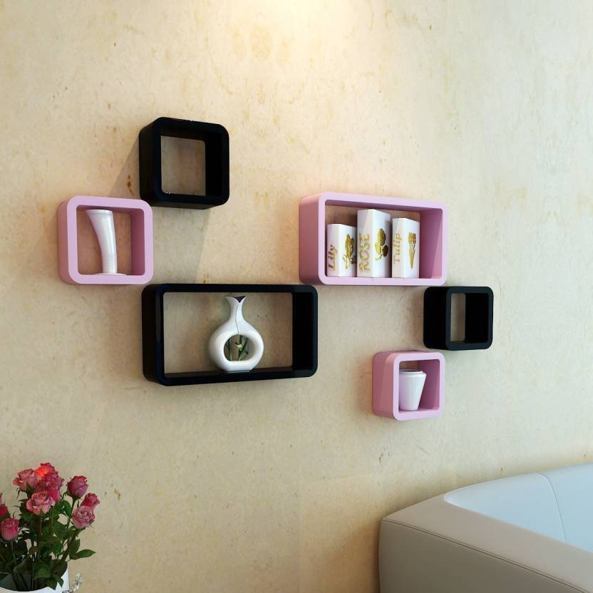 DECORASIA  Cube Shape MDF (Medium Density Fiber) Wall Shelf  (Number of Shelves - 6 Black Pink