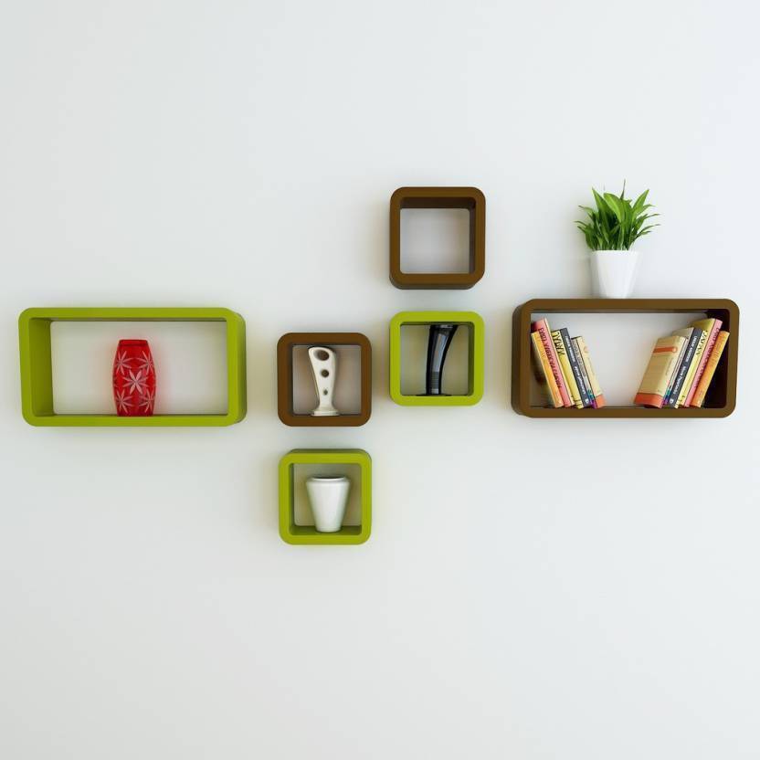 DECORASIA  Cube Shape MDF (Medium Density Fiber) Wall Shelf  (Number of Shelves - 6 Green Brown