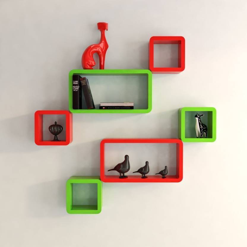 DECORASIA  Cube Shape MDF (Medium Density Fiber) Wall Shelf  (Number of Shelves - 6) Green Red