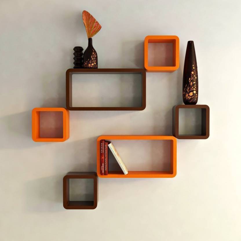 Decorasia Beautiful & Antique cube wooden wall shelf MDF MDF (Medium Density Fiber) Wall Shelf  (Number of Shelves - 6 Orange , Brown