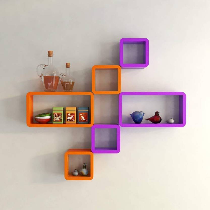 Decorasia Beautiful & Antique cube wooden wall shelf MDF MDF (Medium Density Fiber) Wall Shelf  (Number of Shelves - 6) Orange , Purple