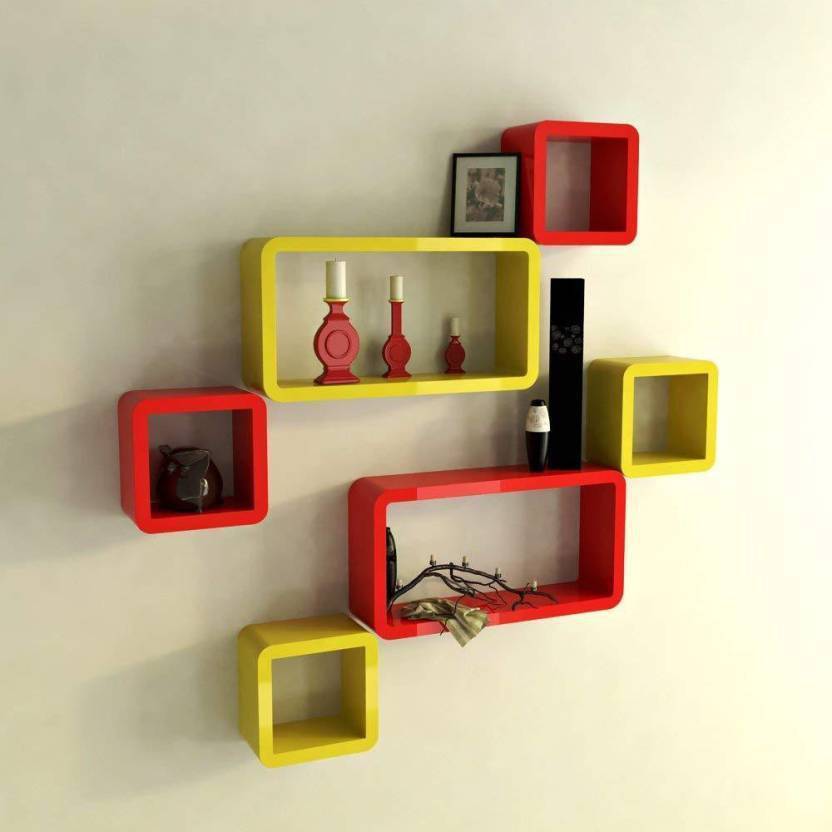 DECORASIA Red & Yellow Cube Shape MDF (Medium Density Fiber) Wall Shelf  (Number of Shelves - 6, Red & Yellow