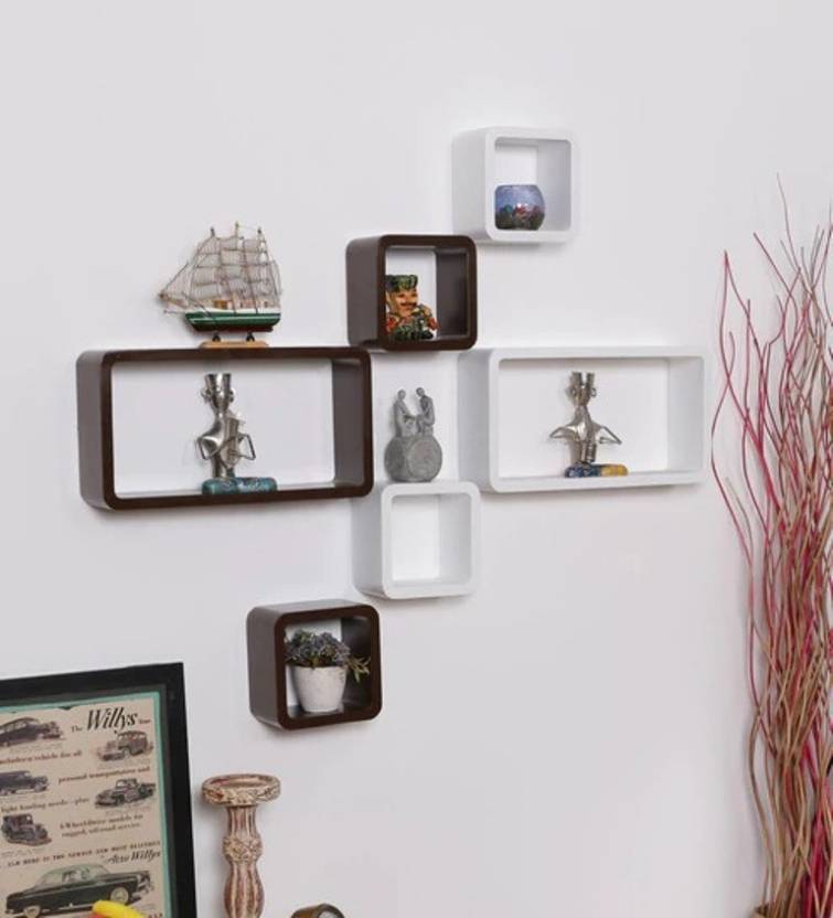 DECORASIA White & Black Cube Shape MDF (Medium Density Fiber) Wall Shelf  (Number of Shelves - 6) White & Black