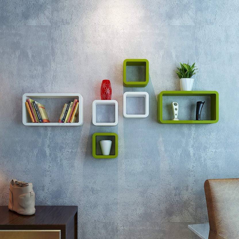 DECORASIA  Cube Shape MDF (Medium Density Fiber) Wall Shelf  (Number of Shelves - 6) Green & White