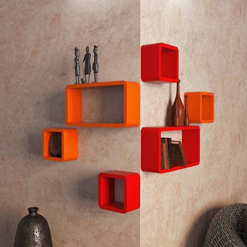 DECORASIA  Cube Shape MDF (Medium Density Fiber) Wall Shelf  (Number of Shelves - 6) Red & Orange