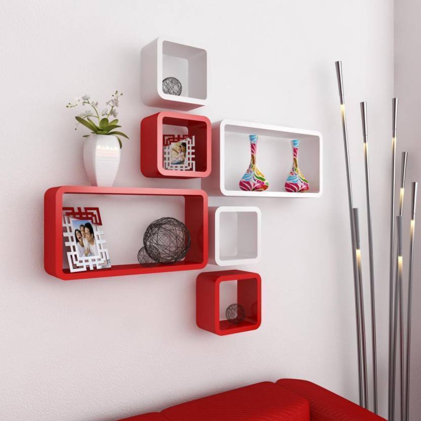 DECORASIA  Cube Shape MDF (Medium Density Fiber) Wall Shelf  (Number of Shelves - 6) White & Red