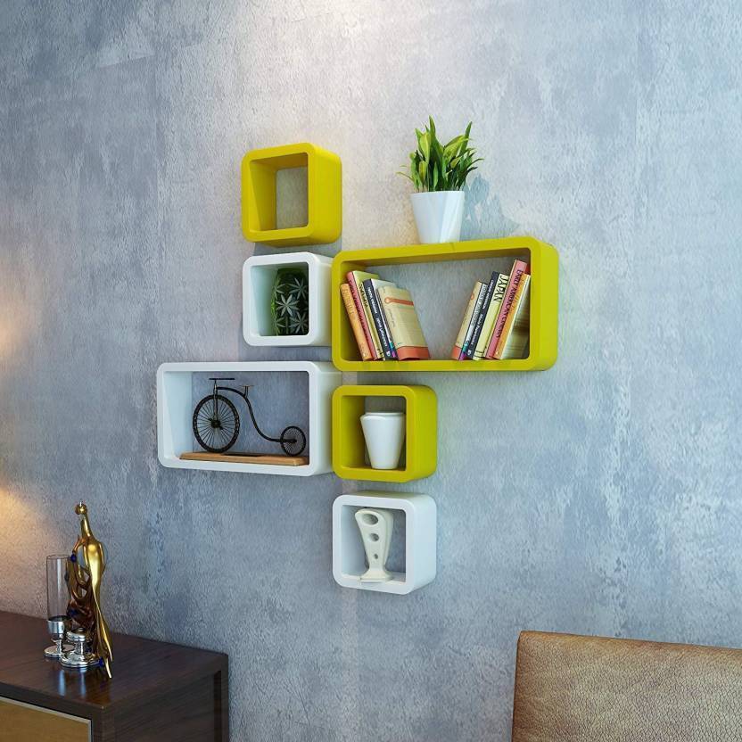 DECORASIA  Cube Shape MDF (Medium Density Fiber) Wall Shelf  (Number of Shelves - 6) White & Yellow