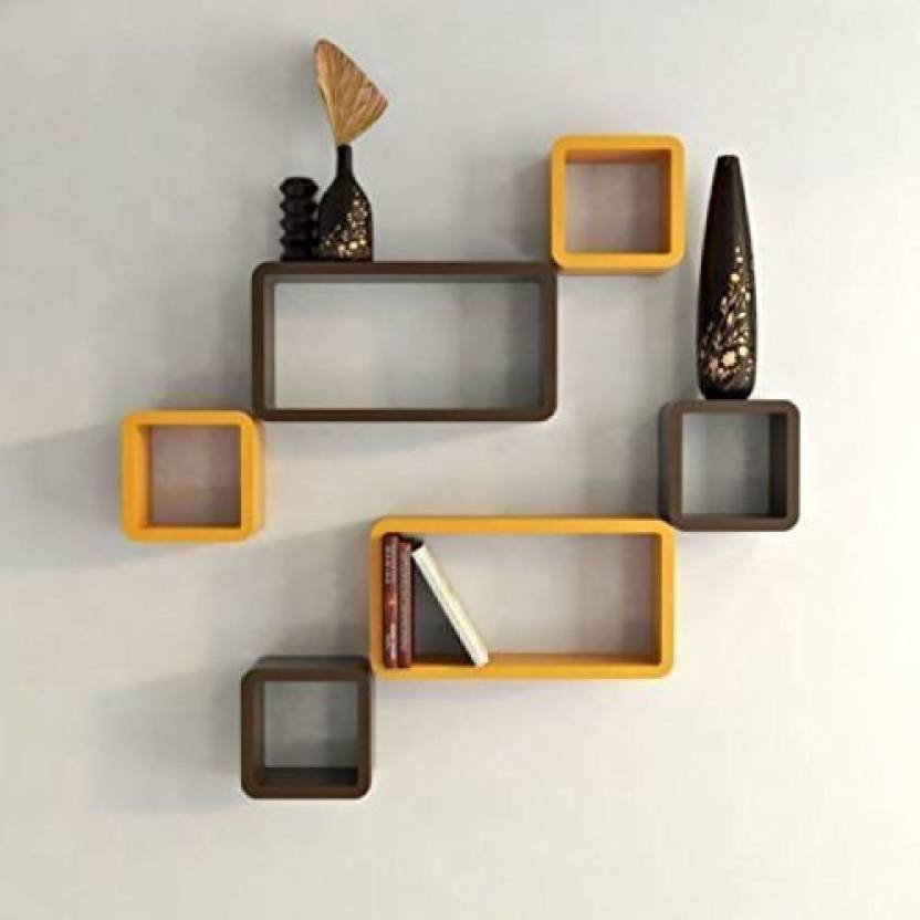 DECORASIA  Cube Shape MDF (Medium Density Fiber) Wall Shelf  (Number of Shelves - 6) Yellow & Brown