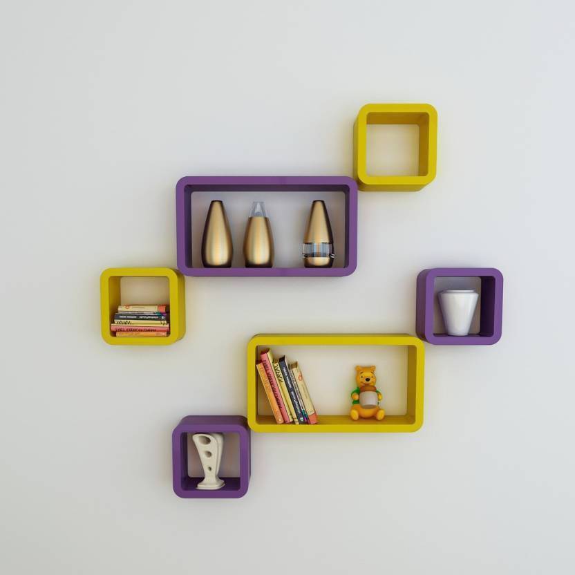 DECORASIA  Cube Shape MDF (Medium Density Fiber) Wall Shelf  (Number of Shelves - 6) Yellow & Purple