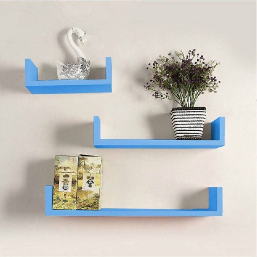 DECORASIA U Shaped Floating Blue MDF (Medium Density Fiber) Wall Shelf  (Number of Shelves - 3)