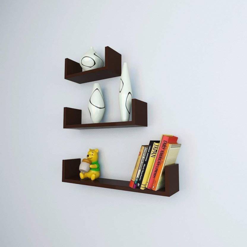 DECORASIA U Shaped Floating Brown MDF (Medium Density Fiber) Wall Shelf  (Number of Shelves - 3)