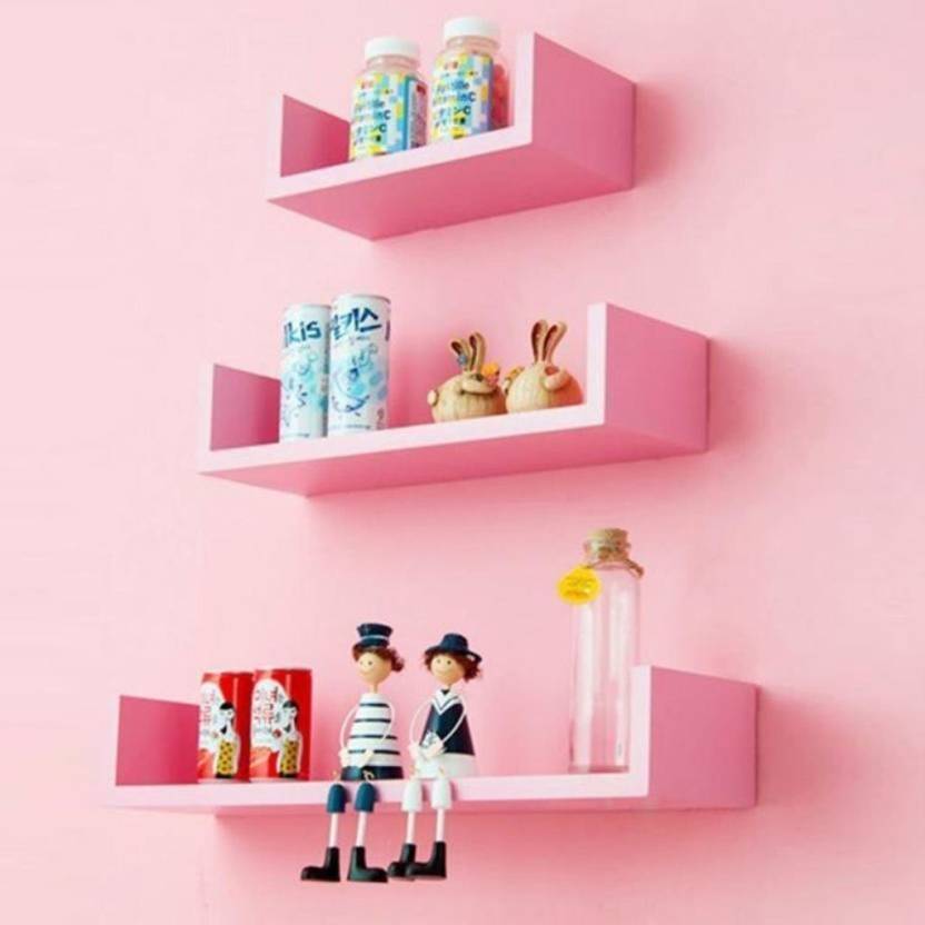 DECORASIA U Shaped Floating  MDF (Medium Density Fiber) Wall Shelf  (Number of Shelves - 3) pink