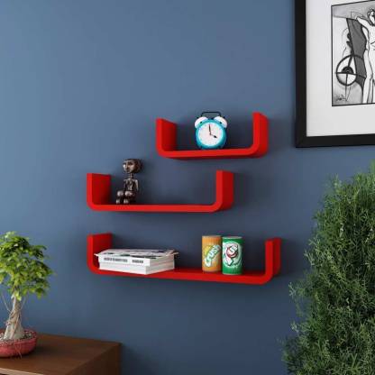 DECORASIA U Shaped Floating  MDF (Medium Density Fiber) Wall Shelf  (Number of Shelves - 3) Red