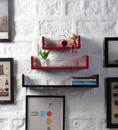 DECORASIA U Shaped Floating Red & Black MDF (Medium Density Fiber) Wall Shelf  (Number of Shelves - 3) Red & Black