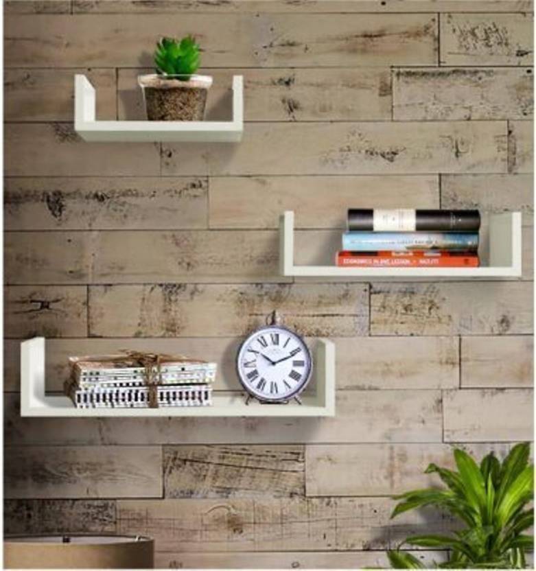 DECORASIA U Shaped Floating  MDF (Medium Density Fiber) Wall Shelf  (Number of Shelves - 3) White