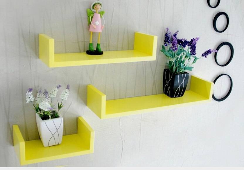 DECORASIA U Shaped Floating MDF (Medium Density Fiber) Wall Shelf  (Number of Shelves - 3) Yellow