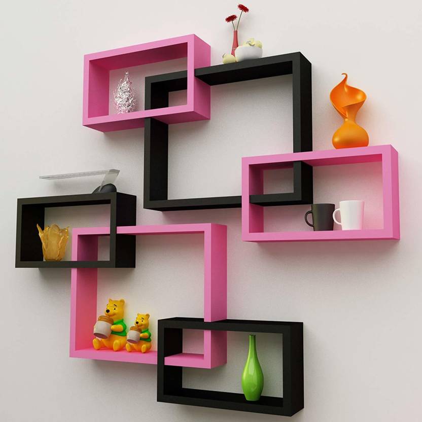 DECORASIA Wall Mount Set of 6 Intersecting Wall Shelves MDF (Medium Density Fiber) Wall Shelf  (Number of Shelves - 6, BLACK PINK