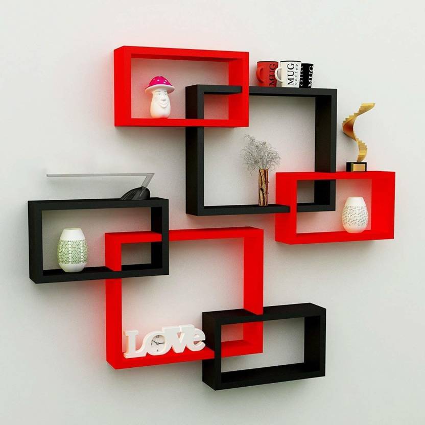 DECORASIA Wall Mount Set of 6 Intersecting Wall Shelves MDF (Medium Density Fiber) Wall Shelf (Number of Shelves - 6, Black & Red