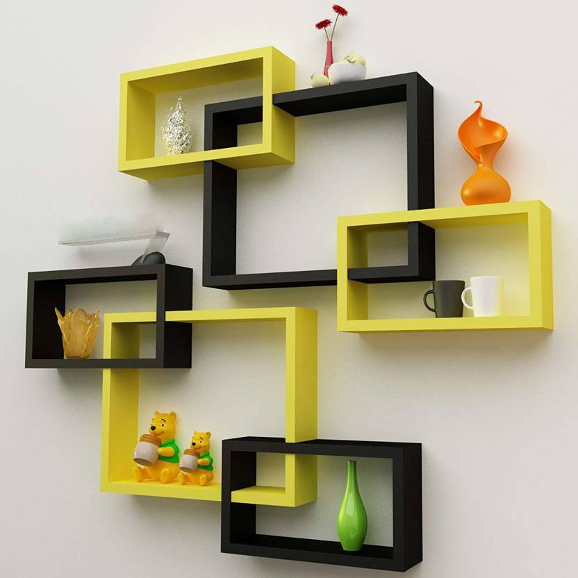 DECORASIA Wall Mount Set of 6 Intersecting Wall Shelves MDF (Medium Density Fiber) Wall Shelf (Number of Shelves - 6, BLACK & Yellow