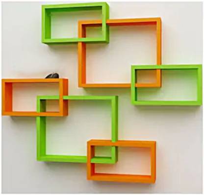 DECORASIA Wall Mount Set of 6 Intersecting Wall Shelves MDF (Medium Density Fiber) Wall Shelf (Number of Shelves - 6, Green & Orange