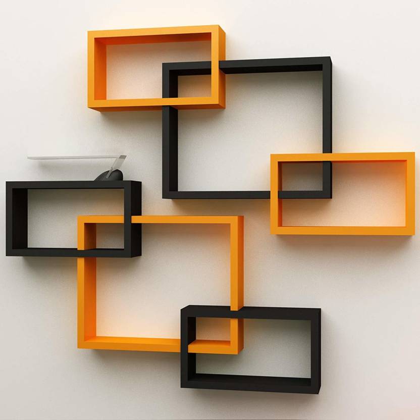 DECORASIA Wall Mount Set of 6 Intersecting Wall Shelves MDF (Medium Density Fiber) Wall Shelf (Number of Shelves - 6,  Orange & Black